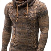 Мужской пуловер с капюшоном, худи приталенного кроя, длинный рукав, вязаный джемпер. Цвет на фото 2