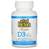 Витамин D3 для детей, со вкусом клубники, Natural Factors, 400 мг, 100 жевательных таблеток