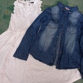 Модный лук:белое платте и джинс рубашка на 11-12лет
