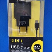 Сетевое зарядное устройство 2.1А на 2 USB разема+кабель микро usb 1м.