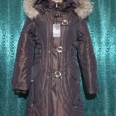Женский пуховик/пальто с капюшоном ,натуральным мехом енотик с переливом-бронза.