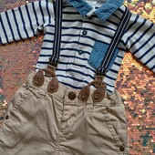 Фірмовий, святковий комплект для хлопчика на 2-4 місяці. Штани з підтяжками та бодік з довгим рукаво