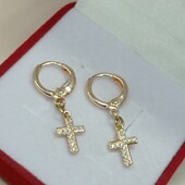 Красивые серьги-висюльки крестики с дорожками фианитов. Позолота 585 пробы 18К.