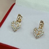 Очень красивые серьги сердечки с фианитами. Позолота 585 пробы 18К.