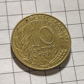Монета Франції 10 сантимів 1991