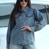 Жіноча джинсова синя куртка сорочка котонова з довгим рукавчиком.