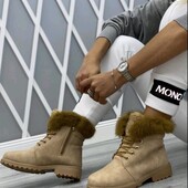 Женские зимние ботинки с мехом.модные бежевые ботиночки.