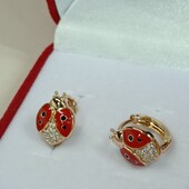 Милые детские серьги божьи коровки с фианитами. Позолота 585 пробы 18К.