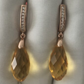 Красивые яркие серьги с солнечным кристаллом,позолота 18К,длина 3.9 см