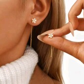 Сережки протяжки, квітка, сніжинка, ланцюжок, вісюлькі, циркони