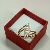 Великолепное кольцо с греческим орнаментом и дорожками фианитов. Размер 17. Позолота 585 пробы 18К.