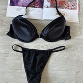 Атласный чёрный комплект с камнями 70b