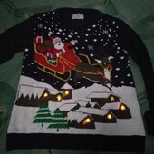 ♡Новогодний свитер с санями д.Мороза и Оленем.Огоньки и звенящие колокольчики❄унисекс