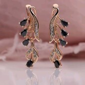 Сережки перо, пір'я, рожева позолота, чорний циркон