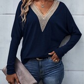 Эффектный тонкий джемпер, блуза с декольте и кружевом, р. xl, наш 50-54, синий