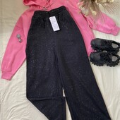 Штани плаццо з блискітками у чорному кольорі на флісі