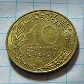 Монета Франції 10 сантимів 1989