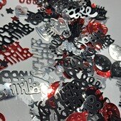 Святкове металеве конфеті -написи "Happy Birthday", зірочки, повітряні кулі та кристали, цифри "18",